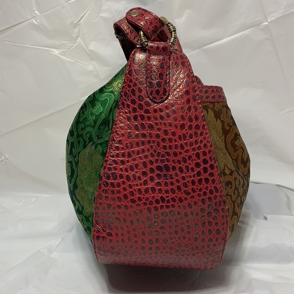 HOLII Green Orange Leather and Fabric Bag Eastern Indian Designs Gold leaf NWT - Picture 5 of 9